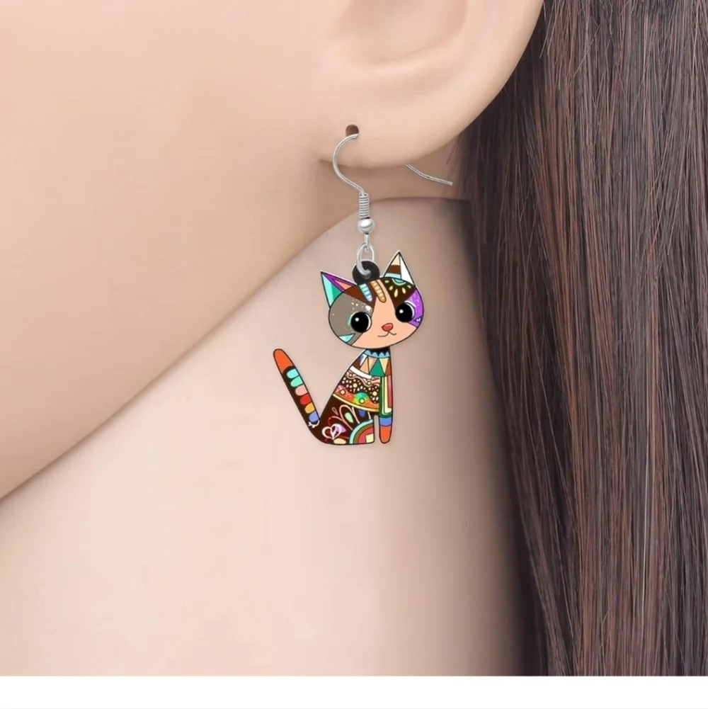Women's jewelry unique multi-colored designed cat dangle earrings!